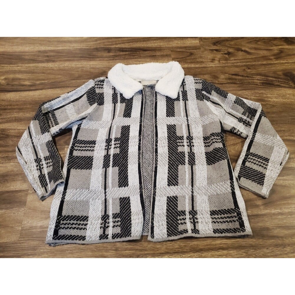 By Design Women's XL Soft Open Cardigan Sweater With Pockets Collared Gray Plaid